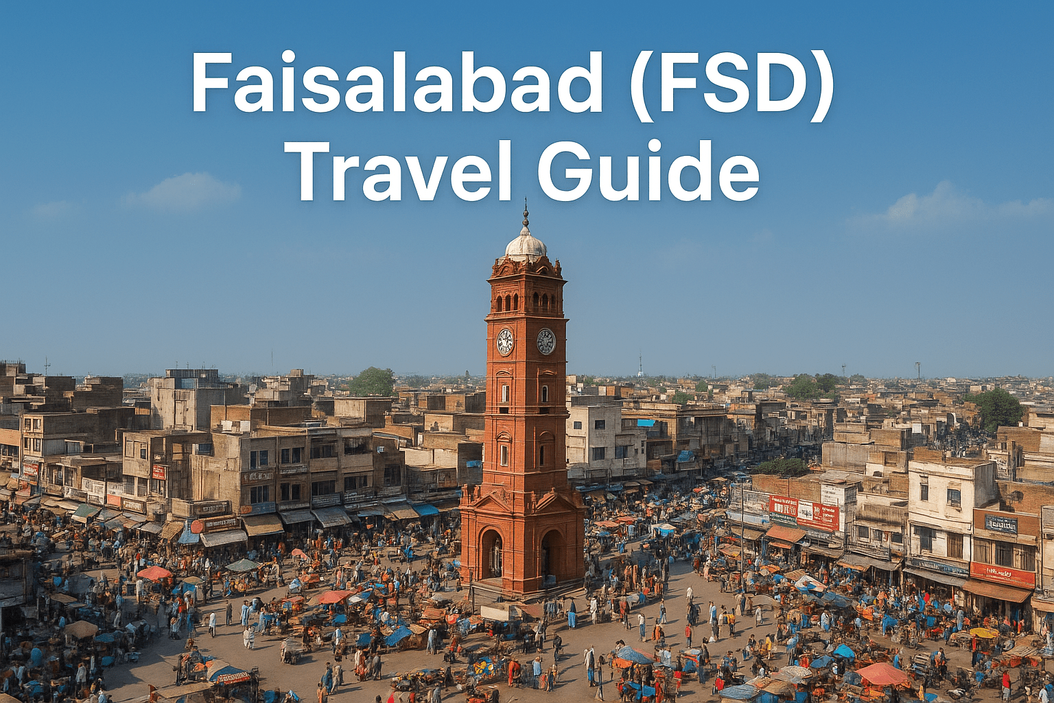 Panoramic horizontal view of Faisalabad’s Ghanta Ghar surrounded by busy bazaars, crowds, and city buildings under a clear blue sky.
