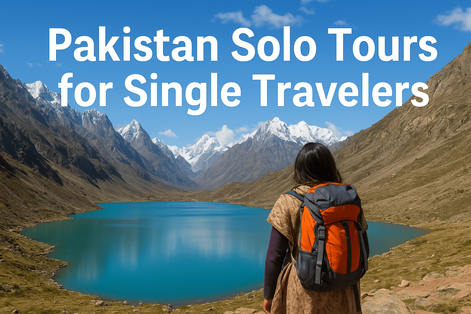 A solo female traveler with a backpack stands overlooking a turquoise alpine lake surrounded by towering snow-covered mountains in northern Pakistan, with the text “Pakistan Solo Tours for Single Travelers” displayed across the sky.