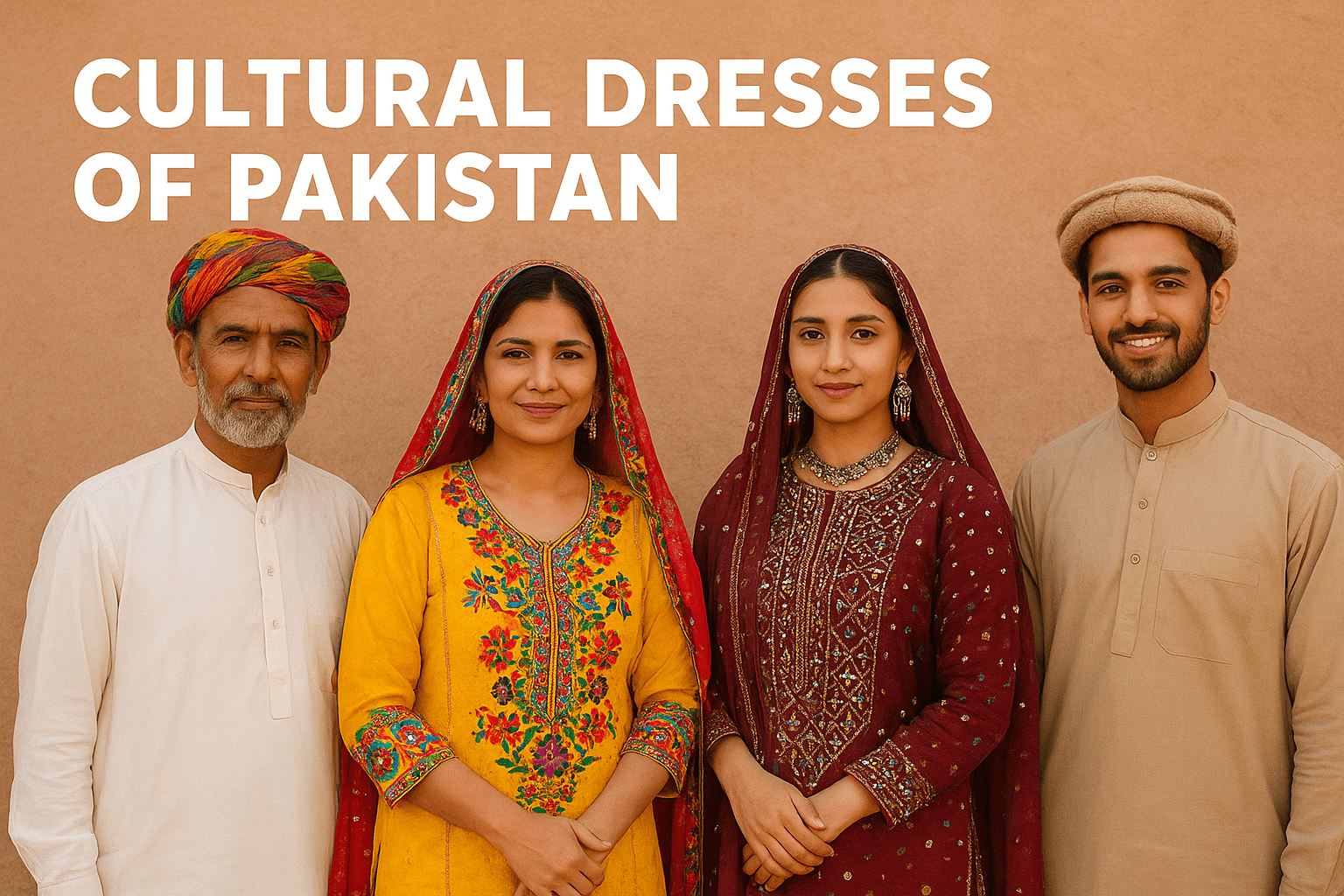 A group of four Pakistani individuals wearing traditional cultural dresses from Sindh, Punjab, Khyber Pakhtunkhwa, and Balochistan, standing outdoors with vibrant colors and ethnic embroidery highlighted.