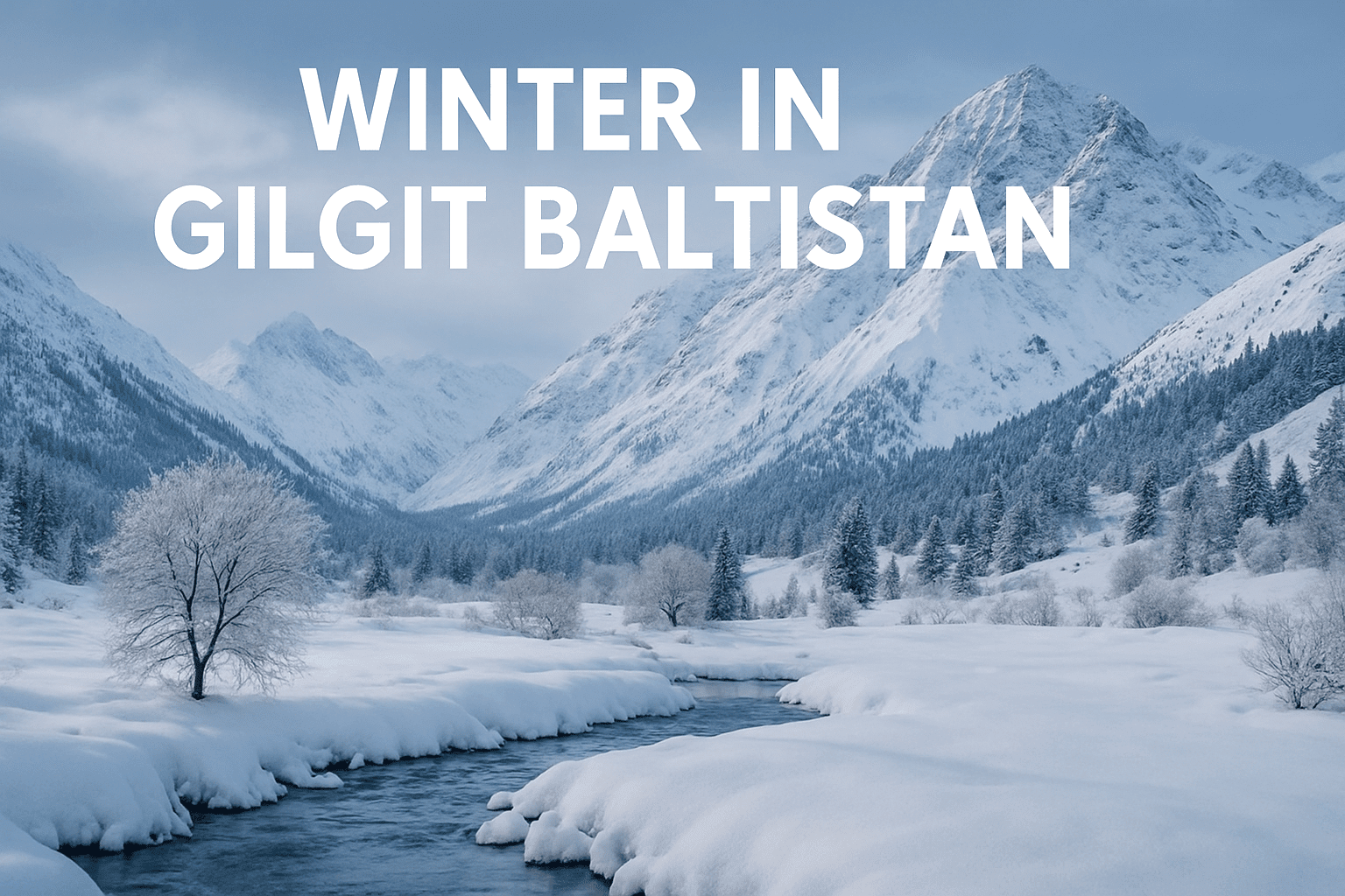 Winter landscape of Gilgit Baltistan with snow-covered mountains, frozen valley, pine trees dusted in snow, and a turquoise stream flowing through the snow.