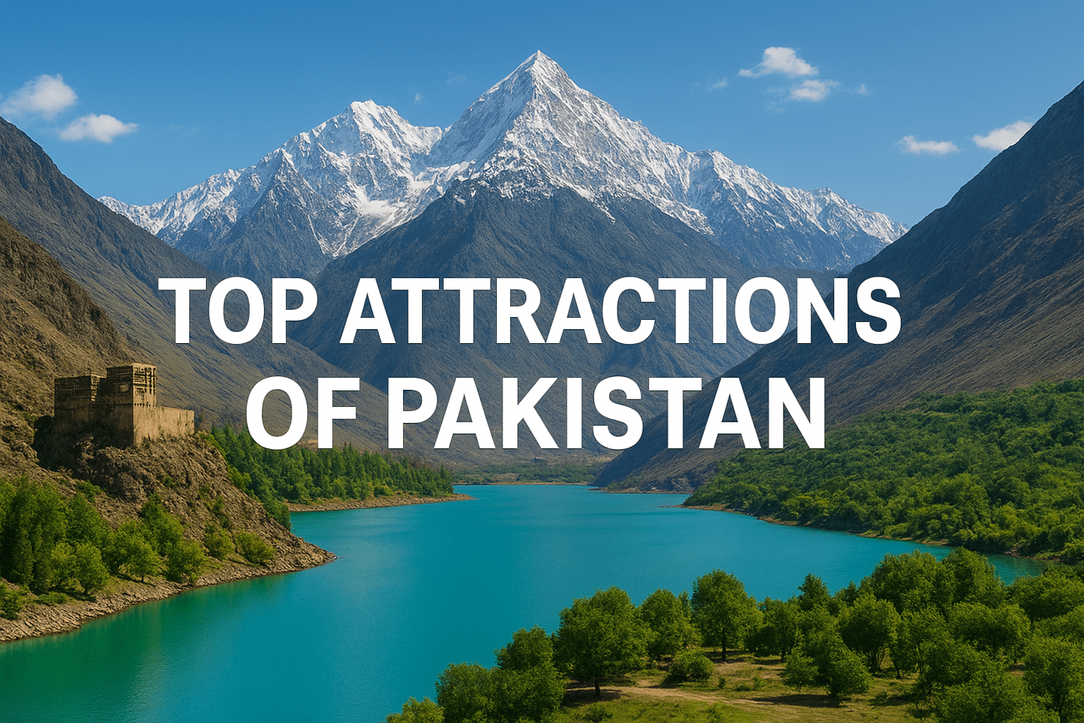Snow-capped Karakoram mountains overlooking a turquoise lake and ancient fortress, representing the top attractions of Pakistan and its natural beauty.