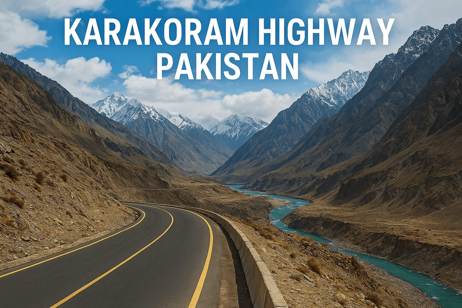 A scenic view of the Karakoram Highway Pakistan curving through rugged brown mountains, with a turquoise river flowing below and snow-capped peaks rising under a partly cloudy blue sky.