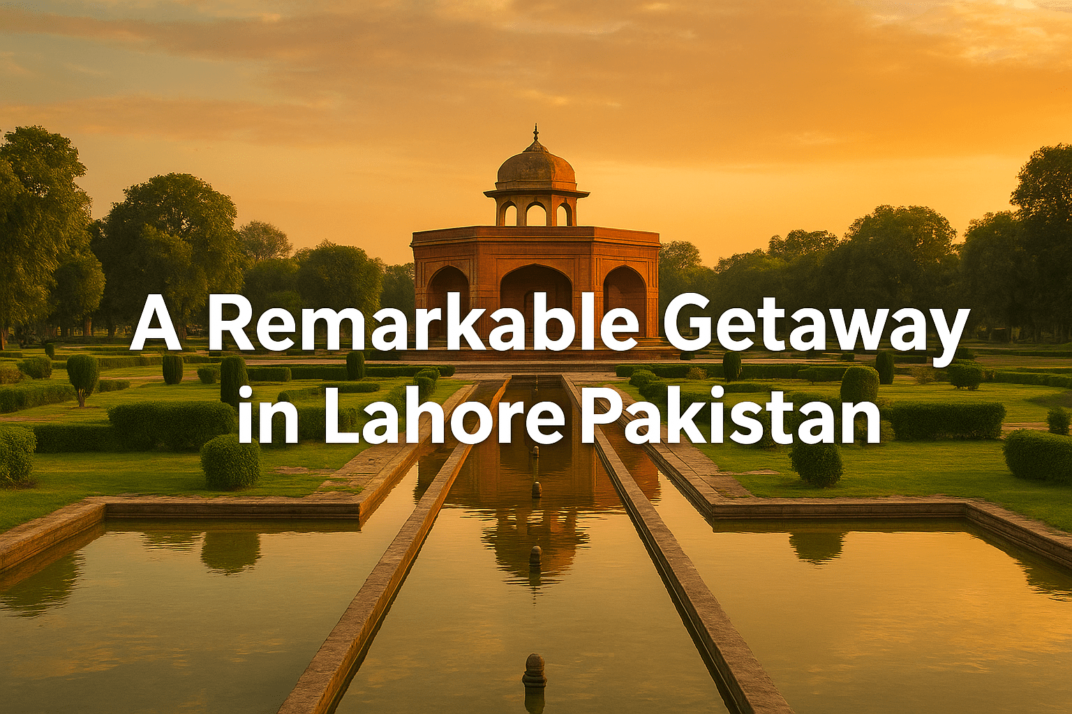 Shalimar Gardens Lahore at sunset with a Mughal-style pavilion reflected in the water, surrounded by green lawns and trees, featuring warm golden sky tones and the text “A Remarkable Getaway in Lahore Pakistan” displayed across the image.