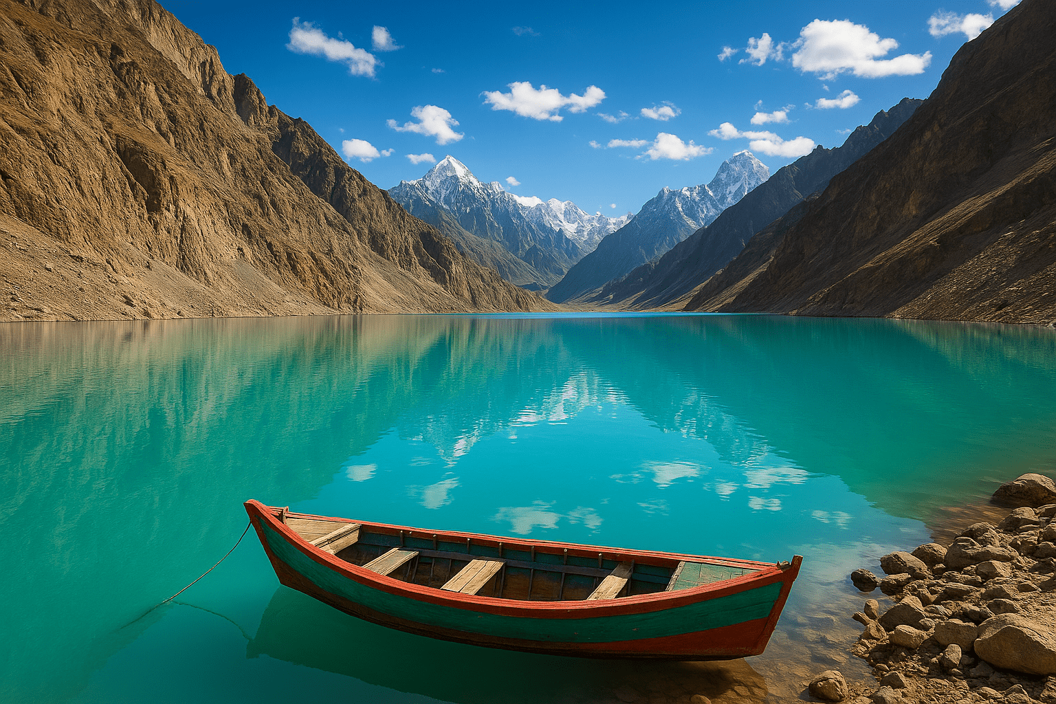 Turquoise-blue Attabad Lake surrounded by towering rocky mountains, with a wooden boat floating near the shore under a bright blue sky with scattered clouds.