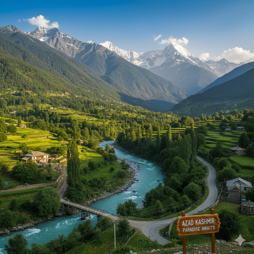 Scenic landscape of Azad Kashmir with green valleys, flowing river, and mountains under a clear sky, highlighting why Azad Kashmir is a dream travel destination.