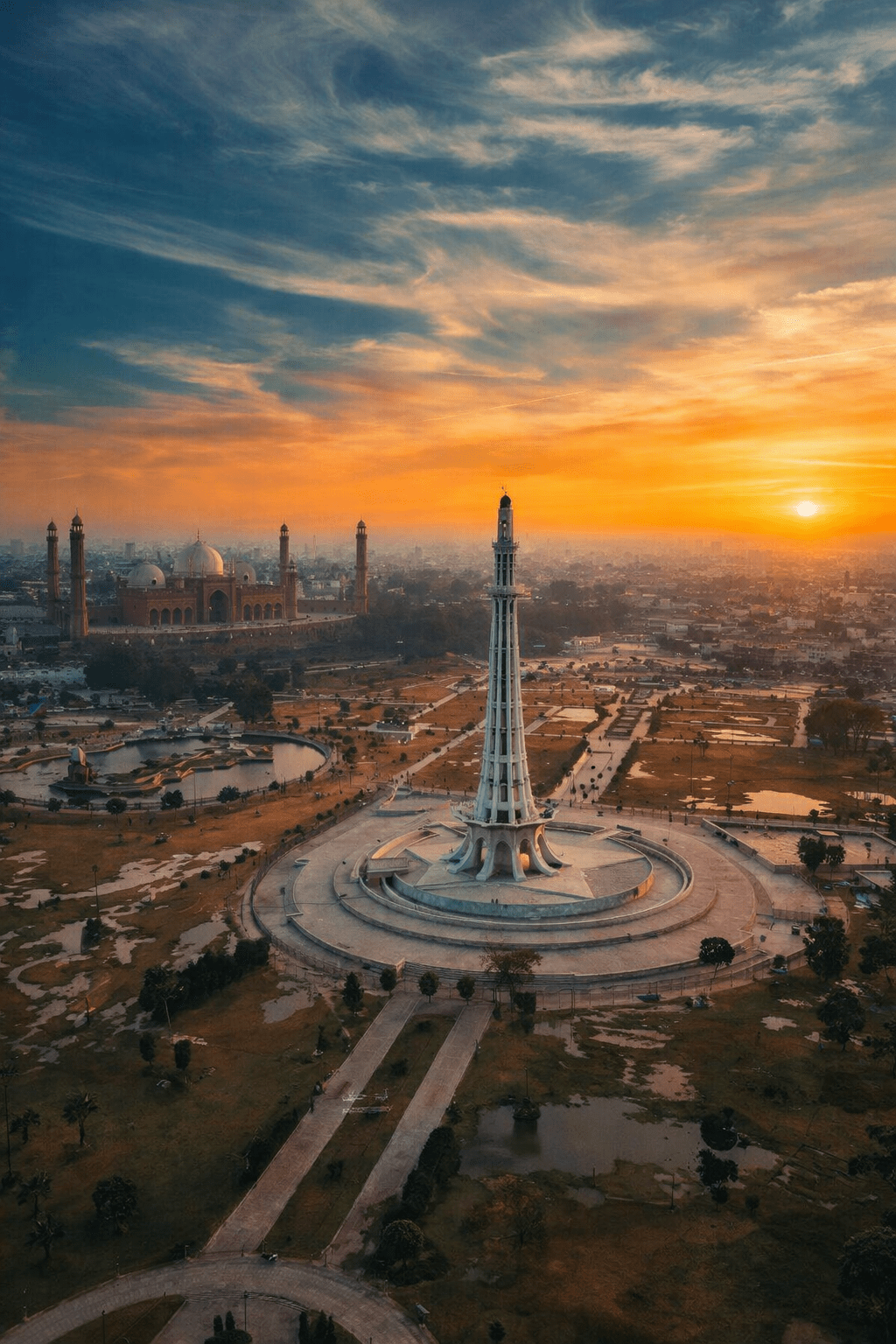 Aerial view of Minar-e-Pakistan in Lahore at sunset with Badshahi Mosque and city skyline in the background