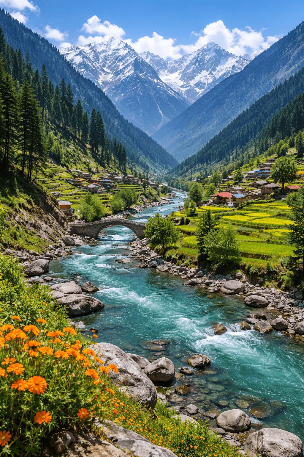 Swat Valley, Pakistan, showing a turquoise river flowing through lush green terraced fields with traditional houses, surrounded by pine-covered mountains and snow-capped peaks in the background under a clear blue sky.