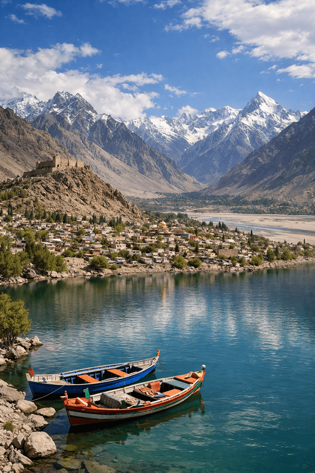 Realistic view of Skardu valley with mountains, river, boats, and town scenery in Gilgit-Baltistan